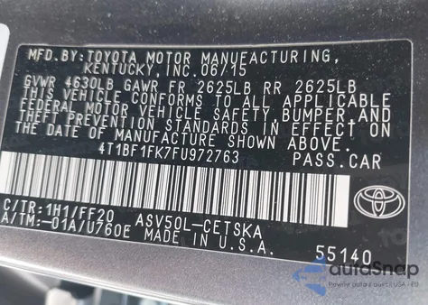 2015 Toyota Camry Se z USA, uszkodzony, nr VIN 4T1BF1FK7FU972763